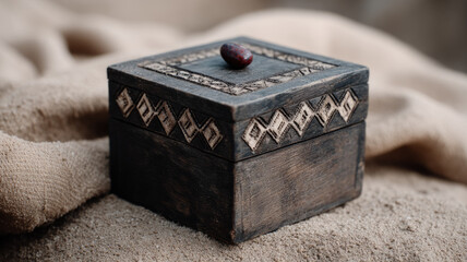 Carved wooden box with decorative details.