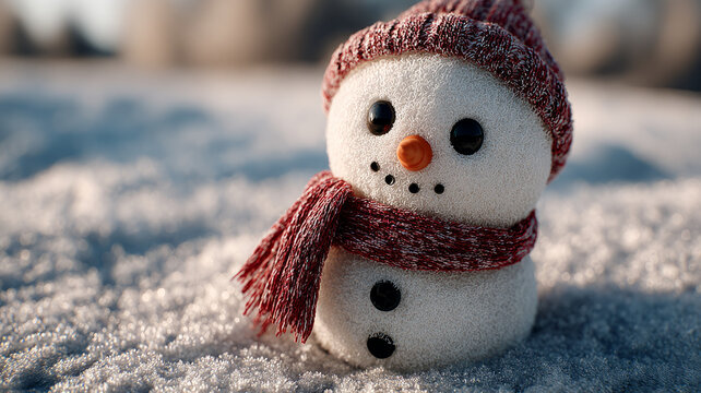 Cute snowman wearing red scarf and hat on a snowy day.