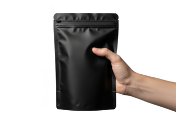 Hand holding a matte black standup pouch with zipper seal, isolated on transparent background for product mockup or packaging design