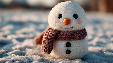 Cute snowman with a scarf on a snowy winter day.