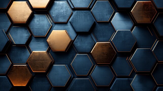 An abstract background featuring a pattern of dark blue and gold colored hexagonal shapes arranged closely