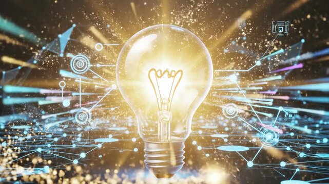 Glowing lightbulb illustration with digital network background.