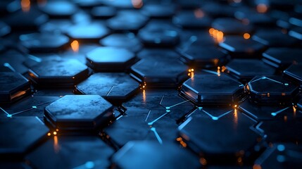 Fototapeta premium A close up view of a dark surface with blue illuminated hexagonal patterns and subtle orange highlights
