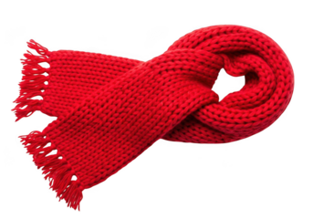 Bright red knitted winter scarf with tassels elegantly looped and isolated on transparent background for fashion and cold weather accessory concept