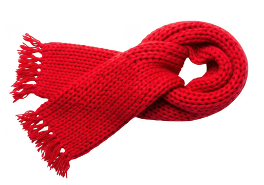 Bright red knitted winter scarf with tassels elegantly looped and isolated on transparent background for fashion and cold weather accessory concept