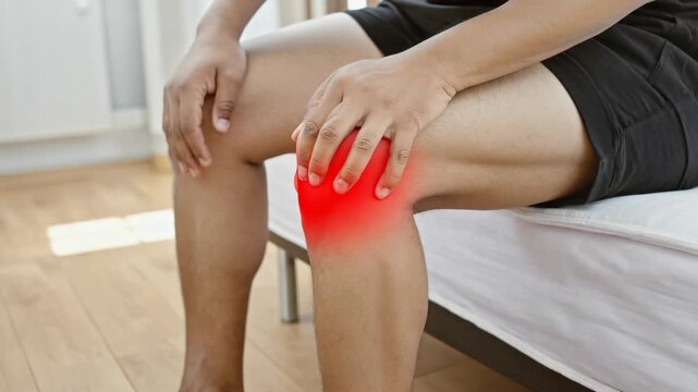 A person sitting on a bed with a sore knee, showing inflammation and pain.