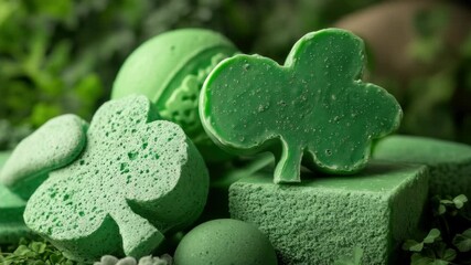 Bright green candies shaped like four-leaf clovers, perfect for St. Patrick's Day festivities.
