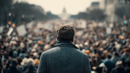 Man facing large crowd in open space