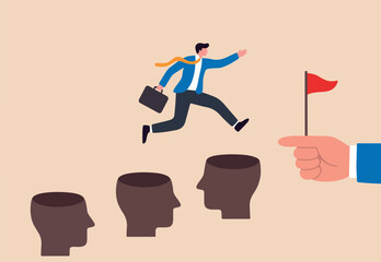 Fototapeta premium Avoid pitfall, adversity and brave to jump pass mistake or business failure, skill and creativity to solve problem concept, smart businessman jump pass many pitfalls to achieve business success