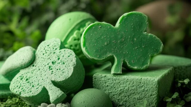 Bright green candies shaped like four-leaf clovers, perfect for St. Patrick's Day festivities.