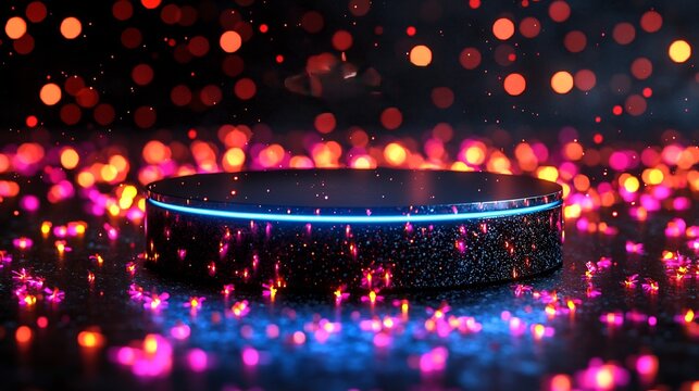 A black circular platform with a blue neon light surrounded by bokeh and glittery particles