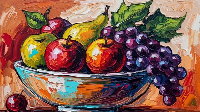 Vibrant still life painting of fruit in a bowl