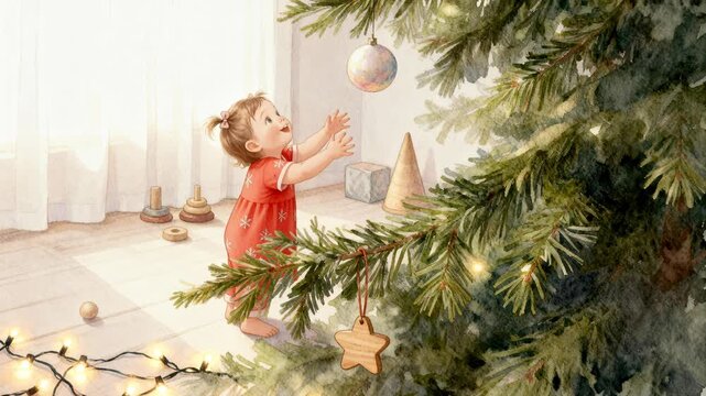 young girl in red dress reaches for decorated Christmas tree, surrounded by toys and warm lighting, evoking sense of wonder, while Caucasian child displays curiosity, winter holiday spirit