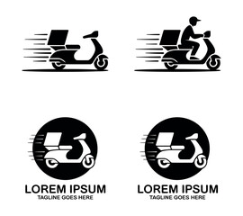 Illustrations of delivery scooters with and without riders in various logo styles