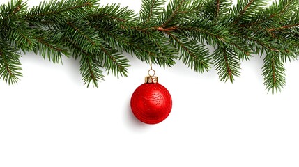 Christmas tree branch with red bauble isolated on white background