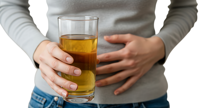 Woman holding a glass of amber liquid hands covering stomach on transparent background.
