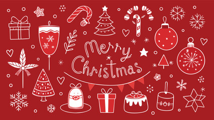 Hand-drawn chalk Merry Christmas doodle set. Retro vintage New Year's party. 