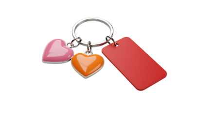 Detailed view of a silver keychain with pink orange and red charms on transparent background.