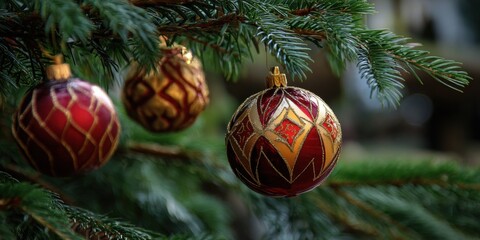 Fototapeta premium Christmas tree decorating with red gold baubles hanging