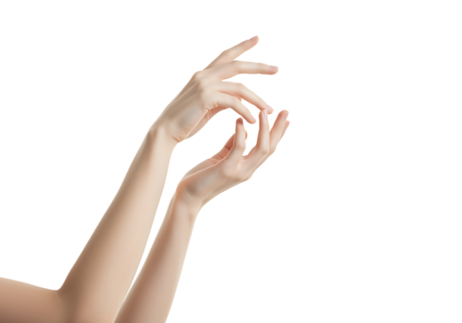Elegant female hands gracefully reaching and gesturing a delicate pose on transparent background.