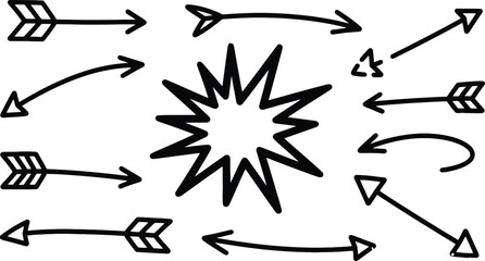 Hand drawn arrows and burst shape on transparent background. Set of isolated doodle style pointing elements for graphic and web design projects.