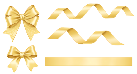 Golden ribbon bows and decorative swirls perfect for designs on transparent background.