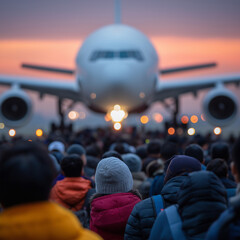 Naklejka na ściany i meble Menschenmenge von Migranten oder Flüchtlingen vor Flugzeug auf Rollfeld