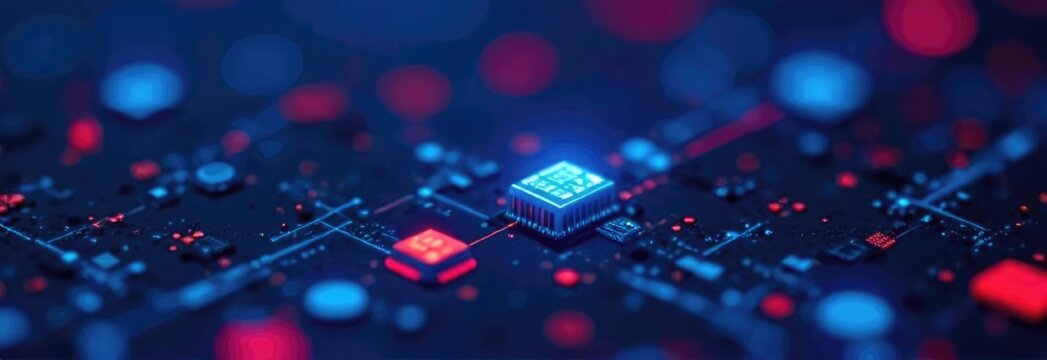 Close-up of a microchip with glowing circuits and lights on a dark background. Concept of advanced technology and complex electronic engineering for IT presentations