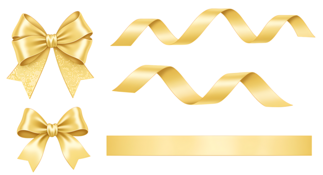 Golden ribbon bows and decorative swirls perfect for designs on transparent background.