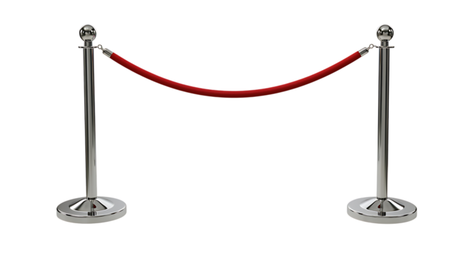 Silver stanchions with red rope barrier isolated design element on transparent background.