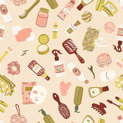 Beauty salon and spa accessories pattern. Skincare and natural treatments, natural cosmetics concepts. Doodle hand drawn vector illustration for textiles and design for marketing