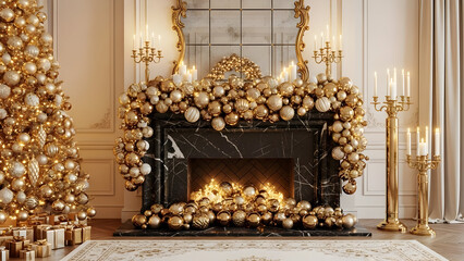 Elegant christmas decor with a golden tree, lit fireplace, and wrapped gifts