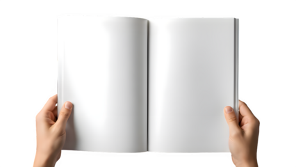Hands holding open blank magazine or brochure isolated on transparent background