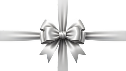 Elegant silver satin ribbon bow with crossing ribbons isolated on transparent background