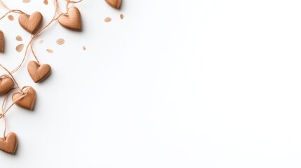 A creative arrangement of wooden hearts and leaves on a minimalist white background for decorative use
