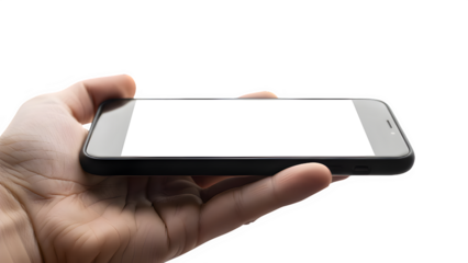 Hand holding a smartphone with blank screen isolated on transparent background