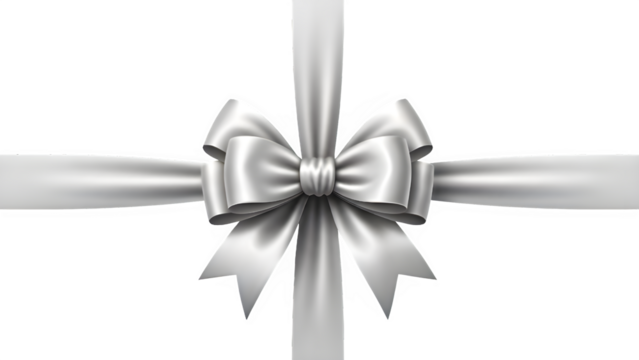 Elegant silver satin ribbon bow with crossing ribbons isolated on transparent background