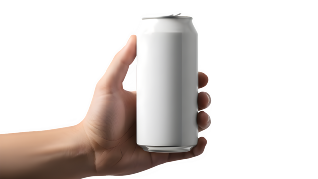 Hand holding a blank white aluminum can for mockup isolated on transparent background