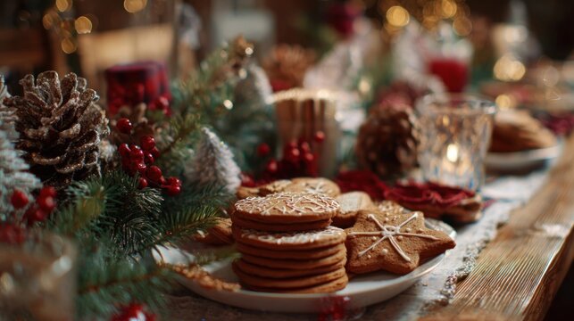 holiday table with Christmas cookies and festive decorations - Powered by Adobe
