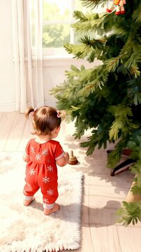 young girl in red dress reaches for Christmas tree with horse ornament, surrounded by wooden toys in warmly lit room, evoking cheer and festivity, joyful family moment, cozy lifestyle