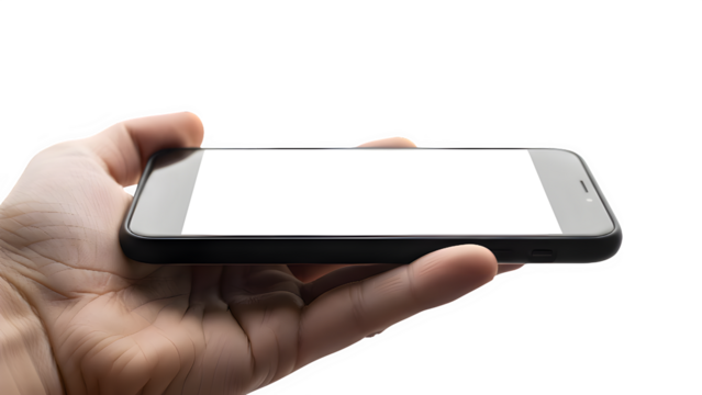 Hand holding a smartphone with blank screen isolated on transparent background