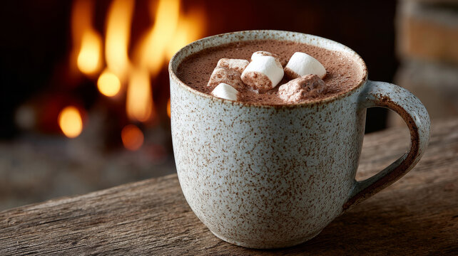 Cozy mug of hot chocolate with marshmallows by the fire.