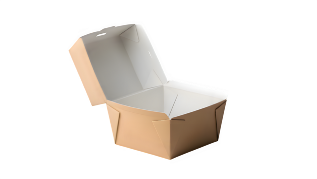 Open unbranded cardboard box mockup for product packaging isolated on transparent background