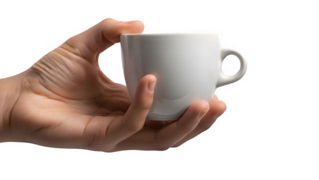 Hand holding a small white ceramic cup isolated on transparent background