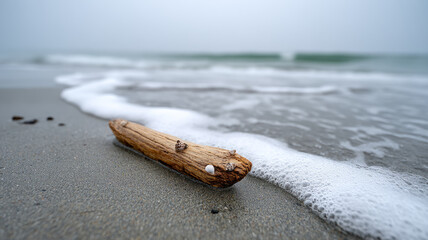 Driftwood on a serene beach with gentle waves and overcast sky.