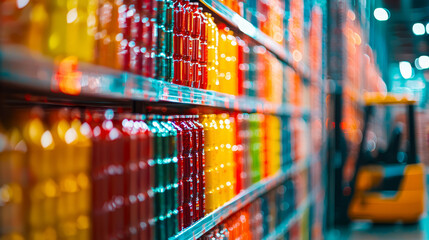 Rows of colorful drinks in glass bottles on shelves with a forklift in the background. © watz