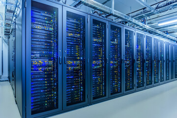 Rows of illuminated servers in a modern data center with blue and yellow indicator lights.