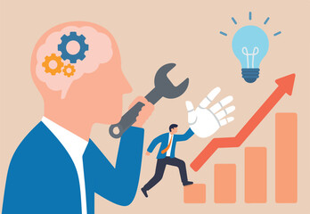 Brain intelligence, fix or adjust creativity thinking, wisdom or improve knowledge learning, tune attitude level or idea development concept, man using wrench adjust gear cogwheels in human brain