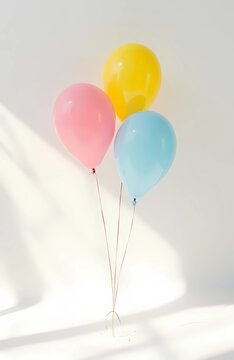 Three colorful  balloons floating  in minimal party composition