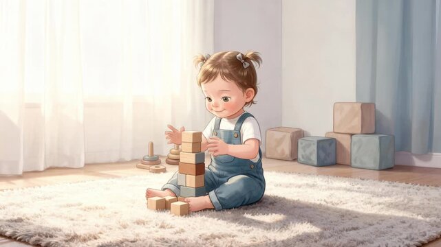 young boy in overalls builds wooden block tower on plush white rug, conveying calmness and concentration in softly lit room, cozy lifestyle, focus, play, childhood. Christmas spirit. period